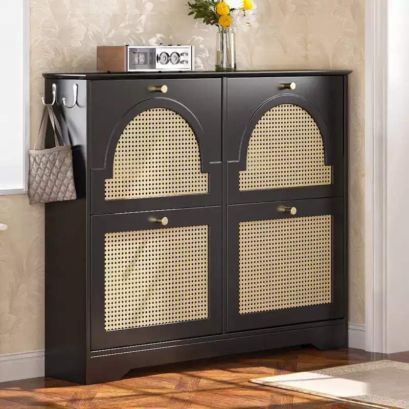 Whisen Narrow Tipping Bucket Shoe Rack & Shoe Cabinet with 4 Flip Drawers & Rattan Doors, 2 Silvery Hooks