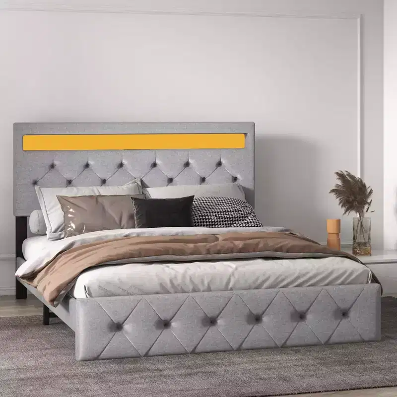 Upholstered Platform Bed Frame with Lighted Headboard and Fast-Charging USB Port, No Box Spring Needed