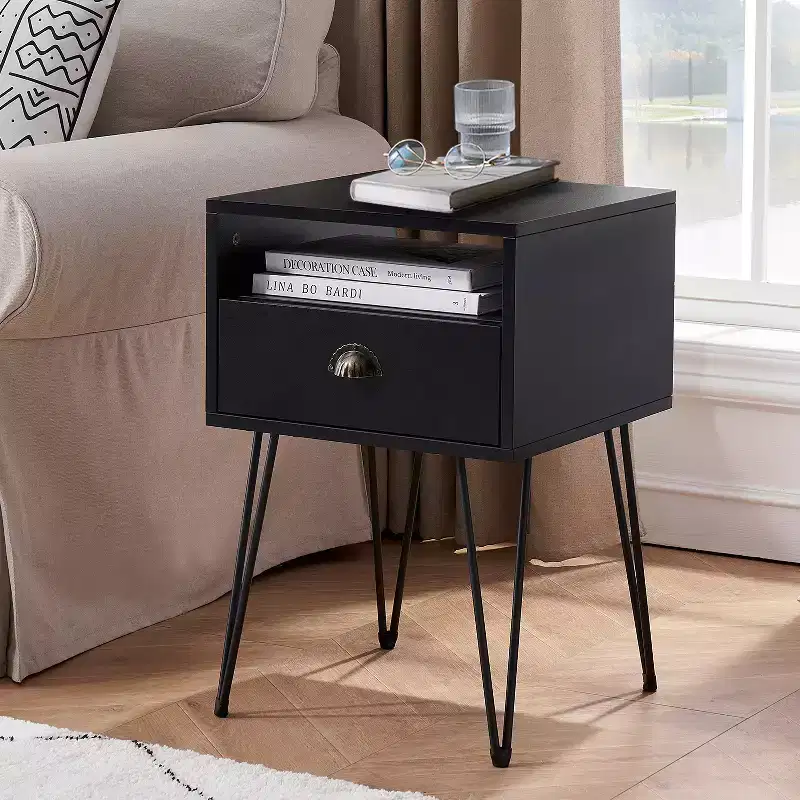 VECELO Metal Frame Nightstand, End/Side Table with Drawer and Storage Shelf for Living Room or Bedroom, Brown/Black/Green
