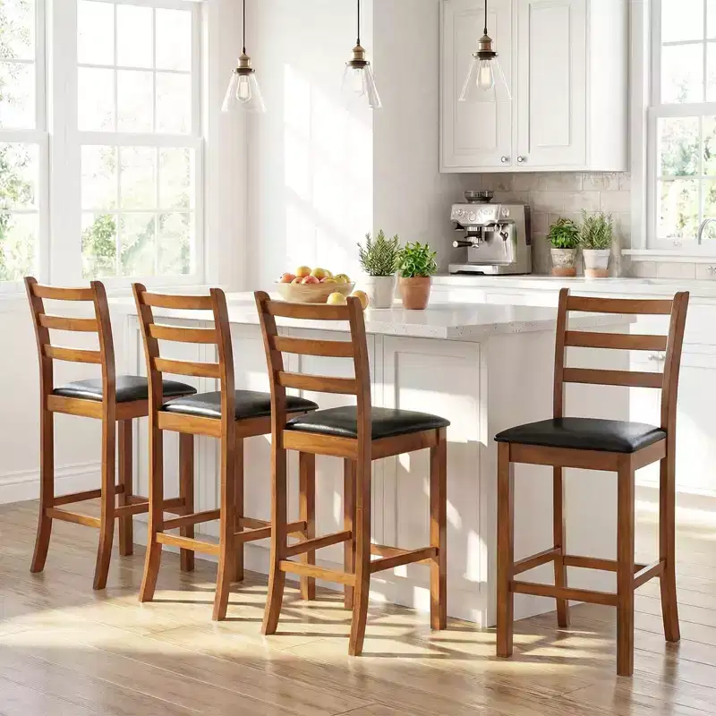 Costway 24 Rubber Wood Ladder Back Bar Stools Set of 2/4 with Upholstered Cushioned Seats Walnut and Black