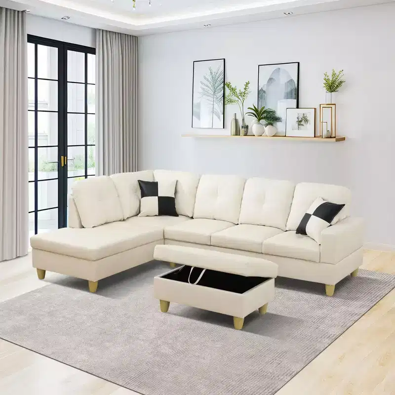 Cream Fabric L-Shaped Corner Sofa with Chaise Lounge