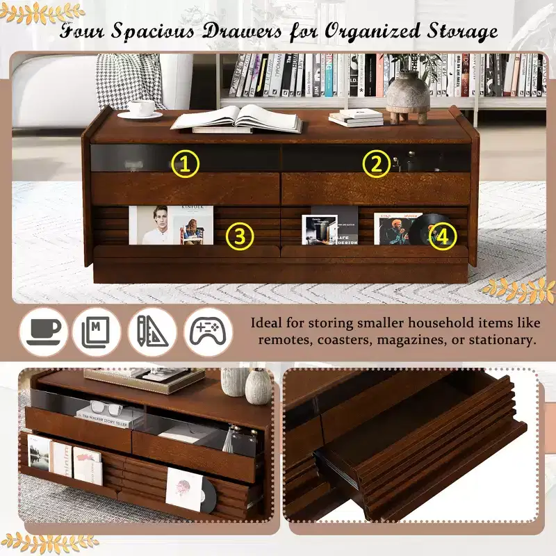 47.2-inch Modern Wooden Rectangular Coffee Table with 4 Drawers and 2 Display Shelves, Tempered Glass Top, Brown
