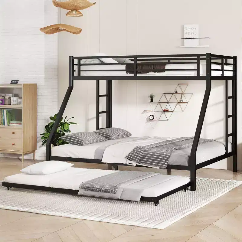 Twin XL Over Queen Metal Bunk Bed with Trundle, Heavy Duty Bed Frame, Ladders & Guardrails, Noise-Free, Black