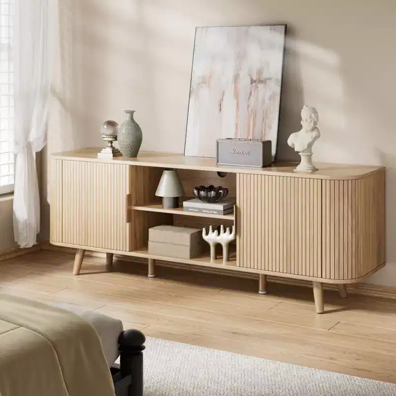 55 Inch Media Console for Bedroom Living Room Oak TV Stand for 65 Inch TV Mid Century Modern Cabinet Fluted Wood Detail Cable Management