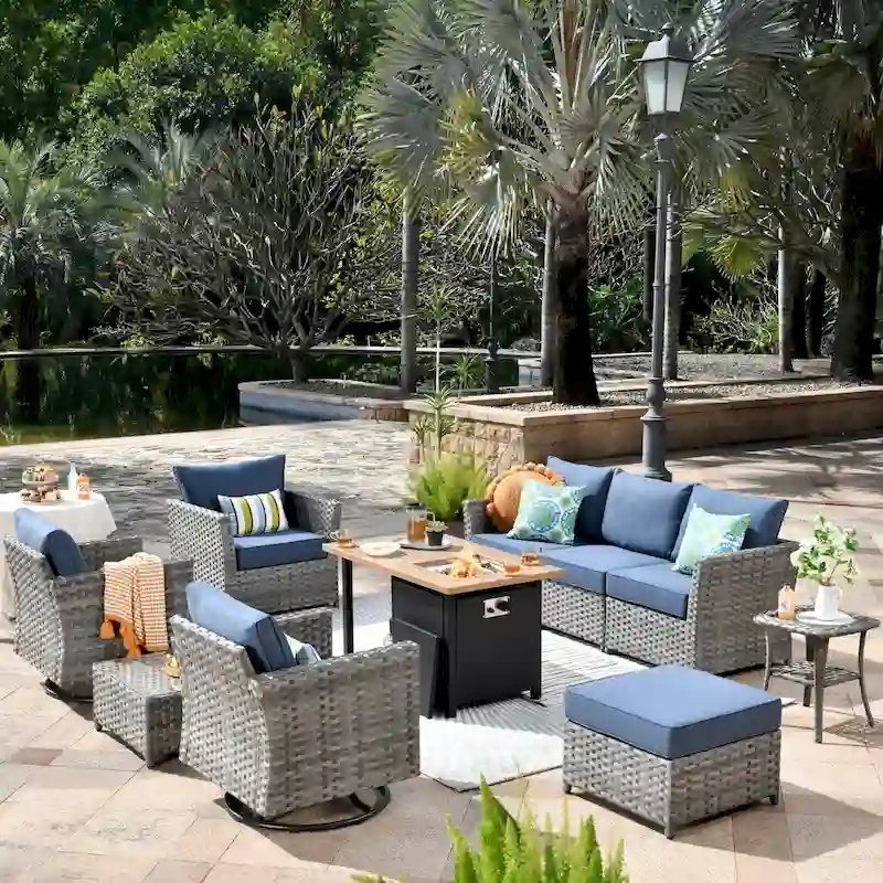 OVIOS 10-Piece Patio Wicker Conversation Rocking Chair Set With Fire Table