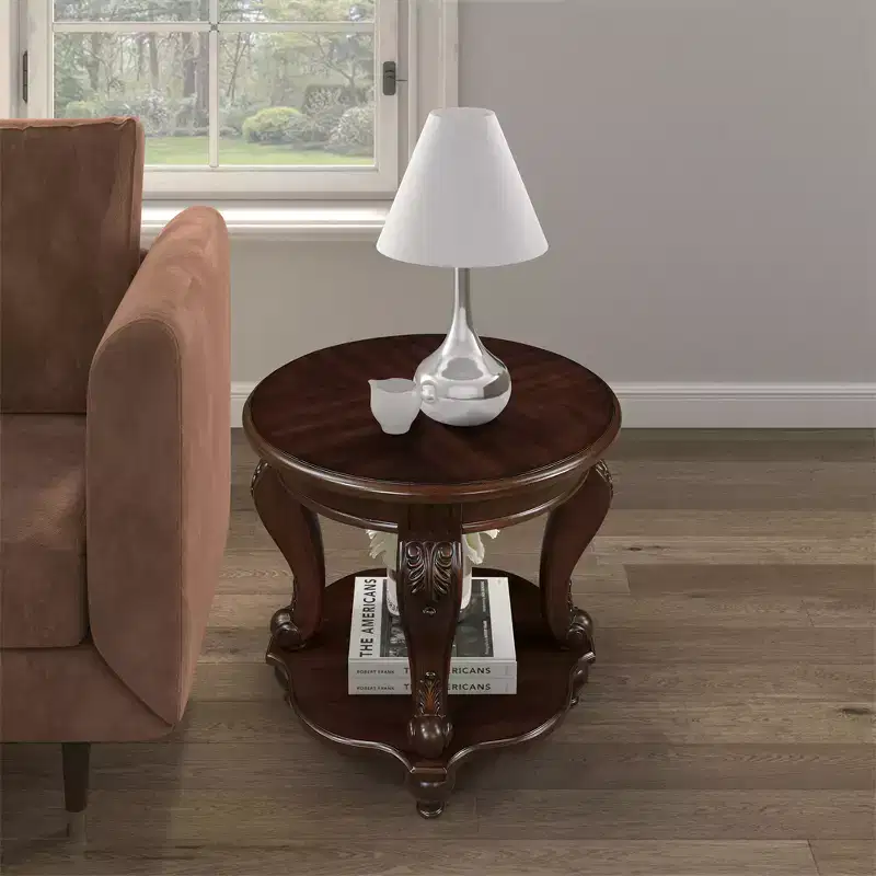 22in Retro Round End Table, Solid Wood Sofa Side Table with Shelf, Living Room Corner Table, Easy Assemble
