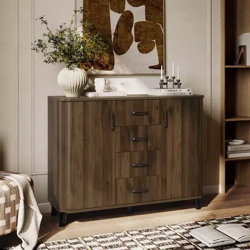 LuxenHome 47.2 W Accent Cabinet with Doors, Mid-Century Storage Cabinet for Living Room, Dining Room, Entryway, Dark Walnut