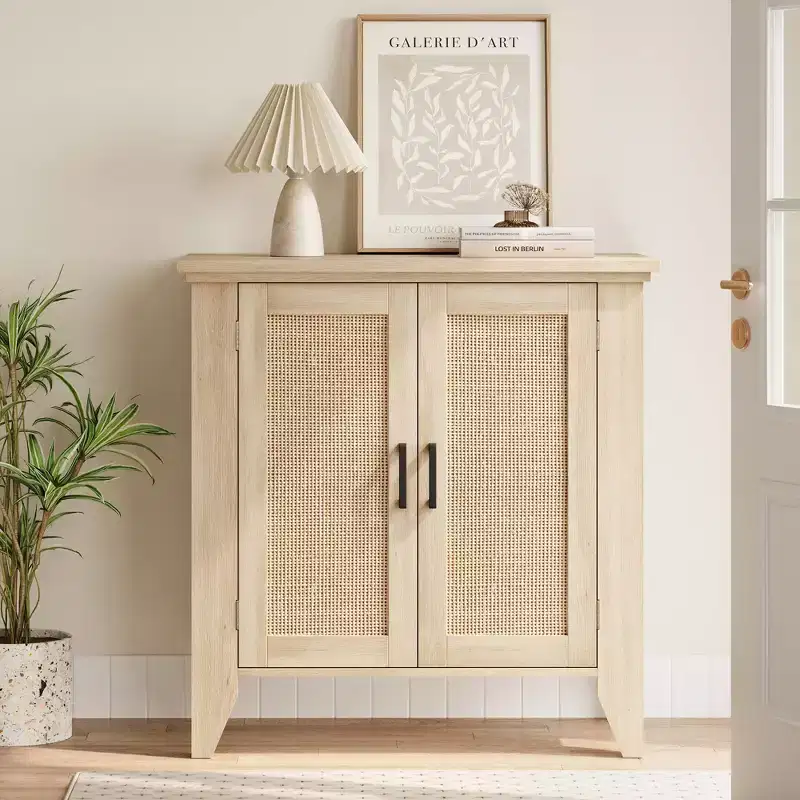 Rattan Storage Cabinet, Small Accent Cabinet with 2 Doors and Adjustable Shelf for Living Room, Entryway, and Kitchen