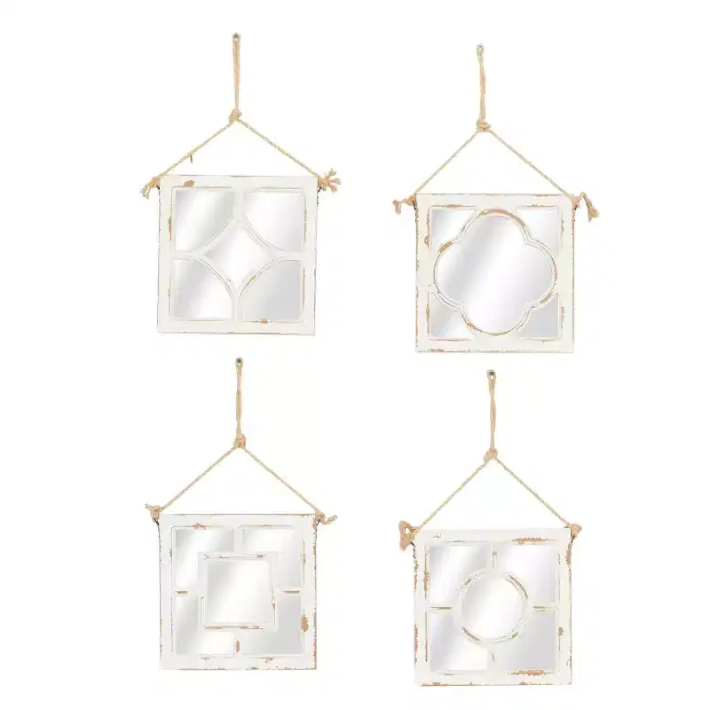 Wood Carved Designs Wall Mirror with Rope Hanger Set of 4 White