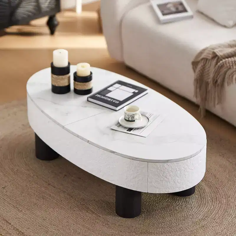 Mid-Century Modern 47.20W Wooden Oval Coffee Table with Hidden Drawer and Storage Space