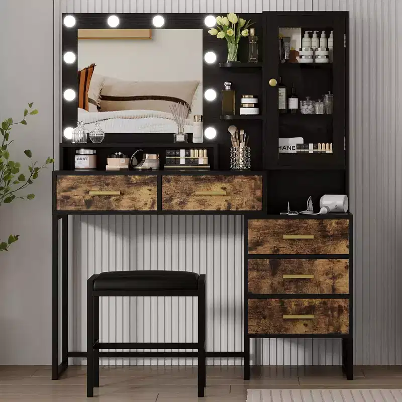 Bedroom Dressing Table with Mirror and Lamp, 3 Colours, Wooden Dressing Table with Charging Stand, 5 Drawers and Open Storage Shelf, Black