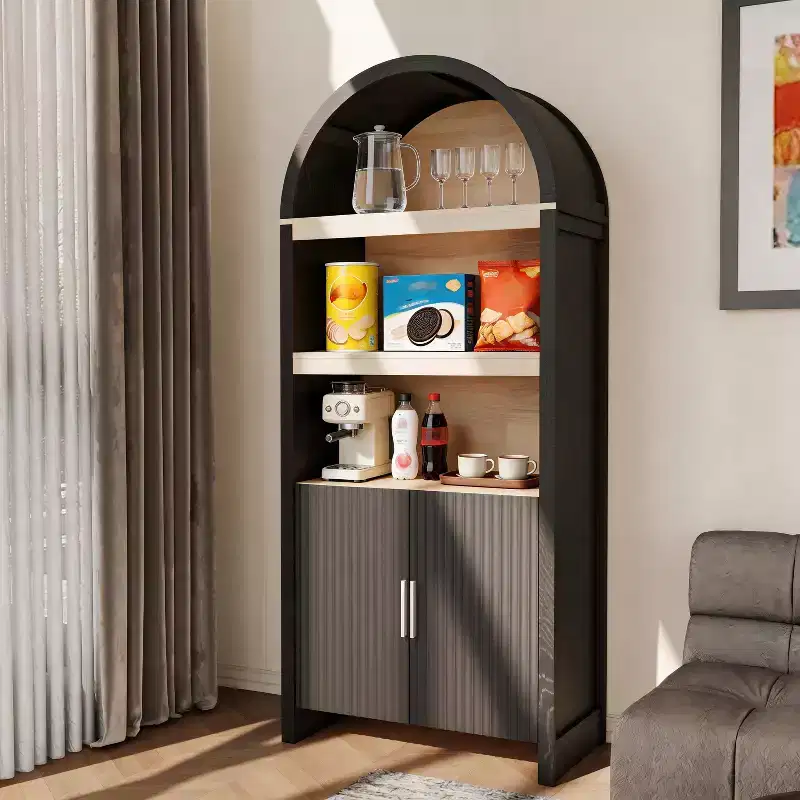 Garvee 71 Tall Arched Pantry Cabinet, 5-Tier Arched Bookcase with Doors, Wooden Arched Cabinet with Adjustable Shelf for Dining Living Room