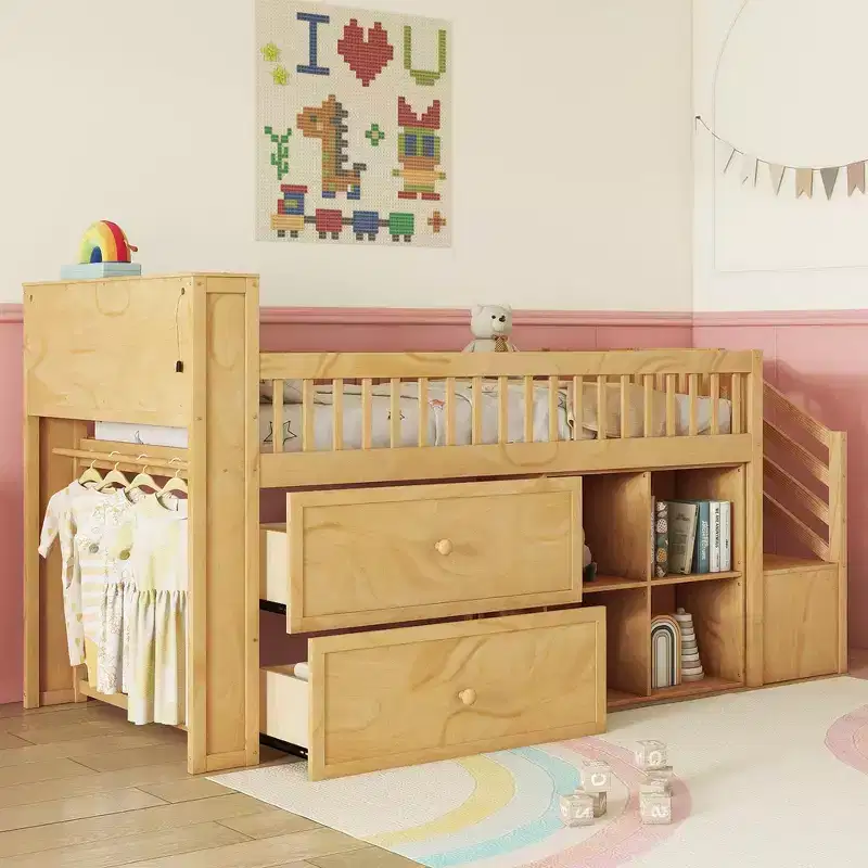 Whisen Twin Size Loft Bed with LED, Bookshelf, Stairs, Storage Drawers and Shelves, Solid Wood Sturdy Frame