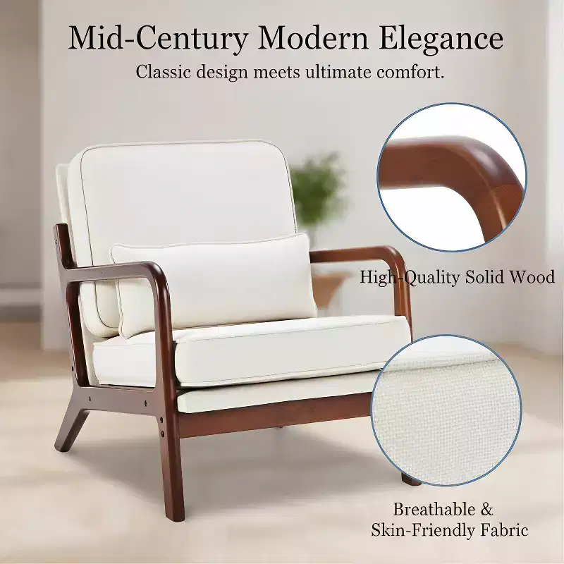 Summit Adventure Mid Century Modern Accent Chair with Arms Waist Cushion Solid Wooden Frame Cream Lounge Chair