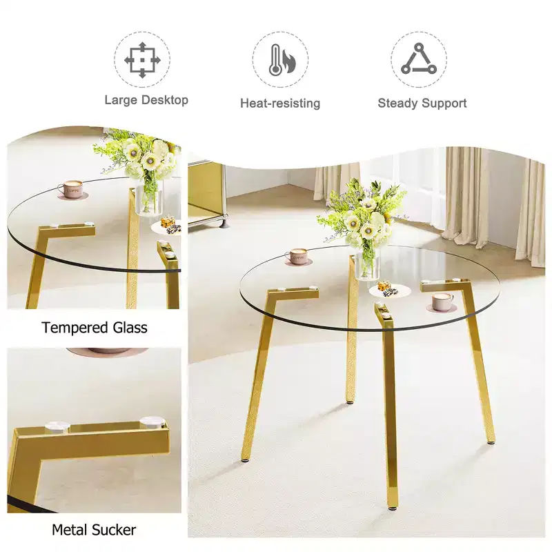 Coffee Table, Modern Minimalist Style Circular Transparent Tempered Glass Table, Tempered Glass Tabletop, Metal Table Legs, Golden