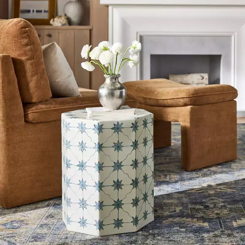 Hexagon Ceramic Accent Side Table, Natural Off-White, No Assembly Required