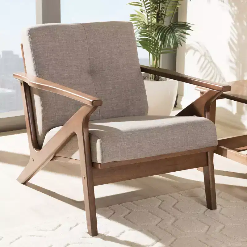 Light Gray Tufted Lounge Chair, Walnut Finish, 1-Seater