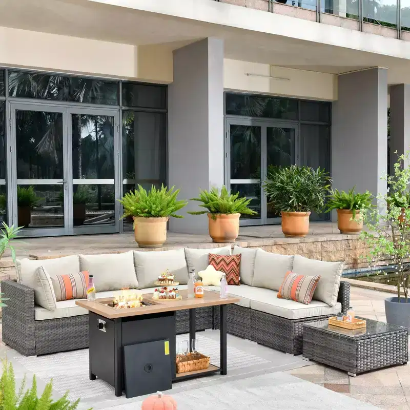 Ovios Venice 8pc Wicker Outdoor Patio Furniture Set Conversation Sofa with a Storage Fire Pit and Cushions