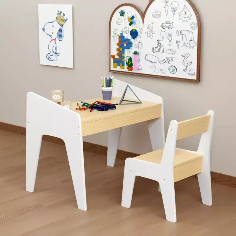 Kids Table Set with One Chair, Wooden Children Study Table, 2-8 Age Kids Funiture , White+Natural