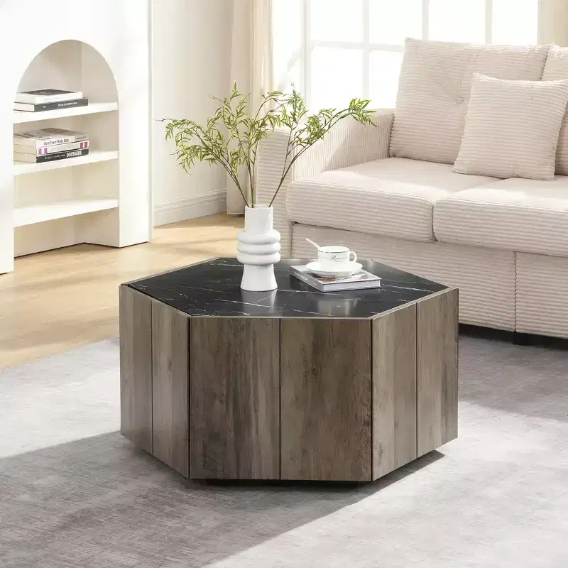 Black & Light Brown Hexagonal Coffee Table with 2 Drawers, Marble Top, for 1