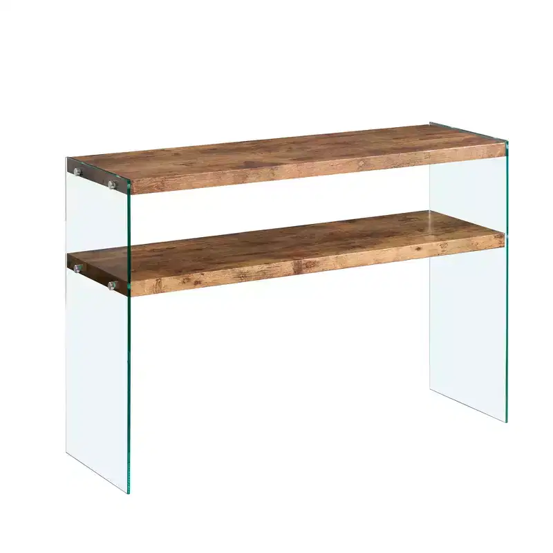 Walnut MDF Console Table with Tempered Glass Top, Modern Entryway Table for Hallway and Living Room