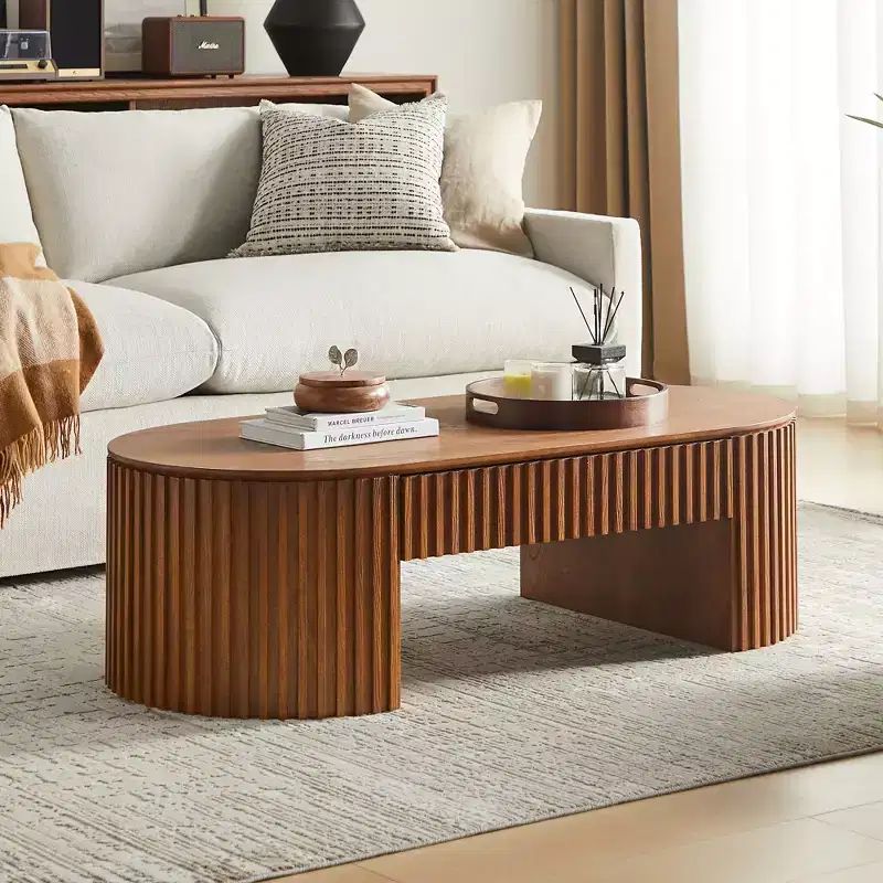 GDFStudio Manuel Modern Wooden Oval Pedestal Coffee Table with Drawer and Handcrafted Relief