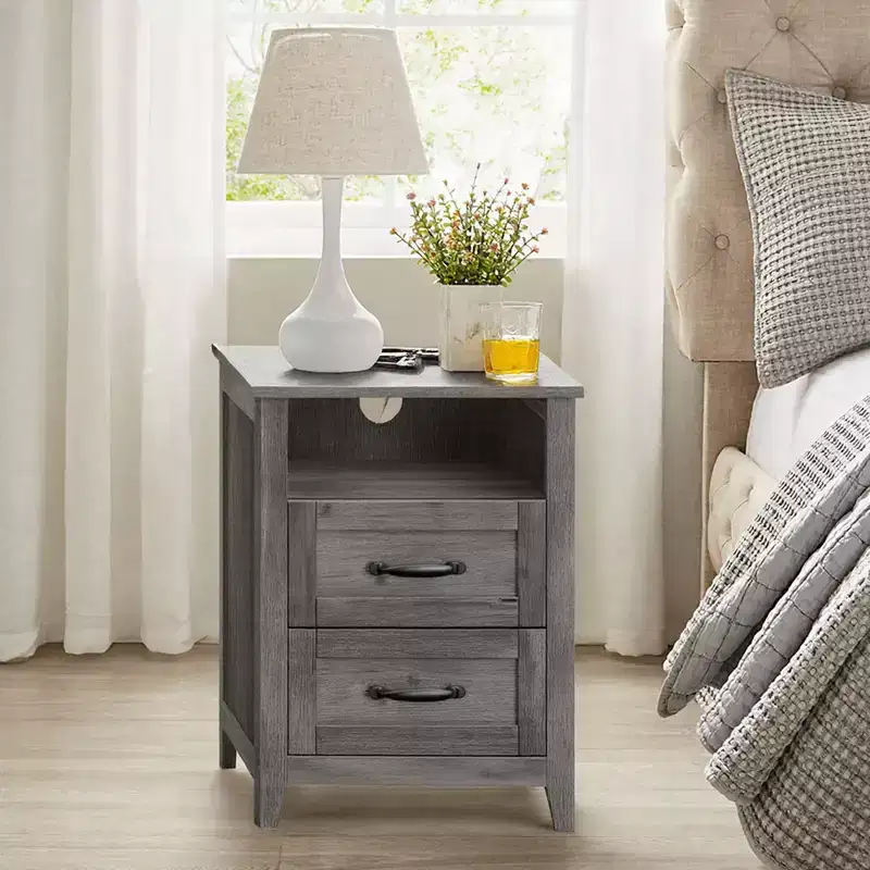 Farmhouse Nightstand with Charging Station, 2-Drawer Bedside Table, Open Shelf, USB & AC Outlets, for Bedroom & Living Room