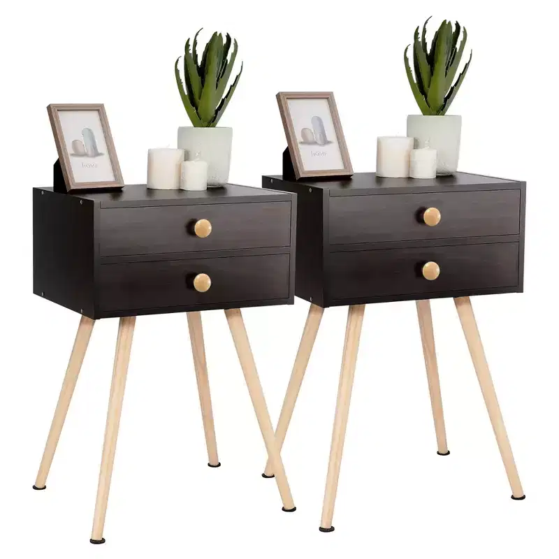 Set of 2 Mid-Century Modern Nightstands with 2 Drawers – Espresso, MDF, 15x11x24