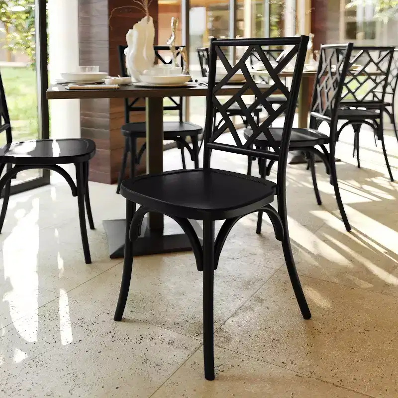 Commercial Grade Solid Wood Stackable Dining Chair, Intricate Back, 350 lb, 5-Year Warranty