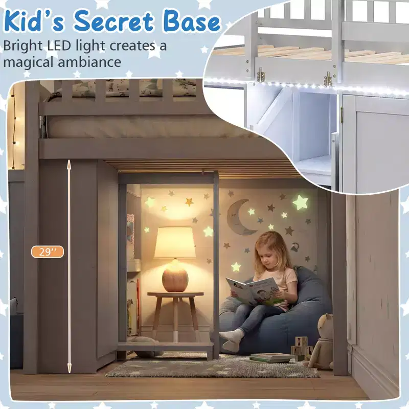 Twin Low Loft Bed with LED Light, Stairs & Guardrails, Modern Pine Wood Kids Bed, White/Mint/Gray