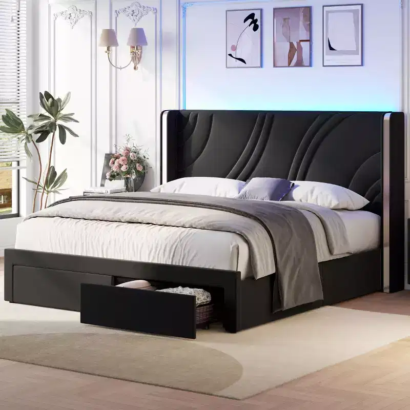 GDFStudio Maggie Modern Upholstered LED Bed Frame with Storage Drawers and RGB Light