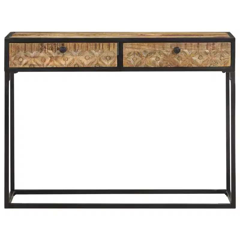 Solid Mango Wood Console Table with Carved Drawers & Steel Frame, 39.4