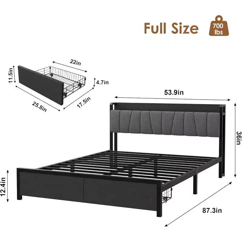 Bed frame with storage headboard, full-size platform bed with 2 large drawers and charging station, industrial style, no spring mattress required.