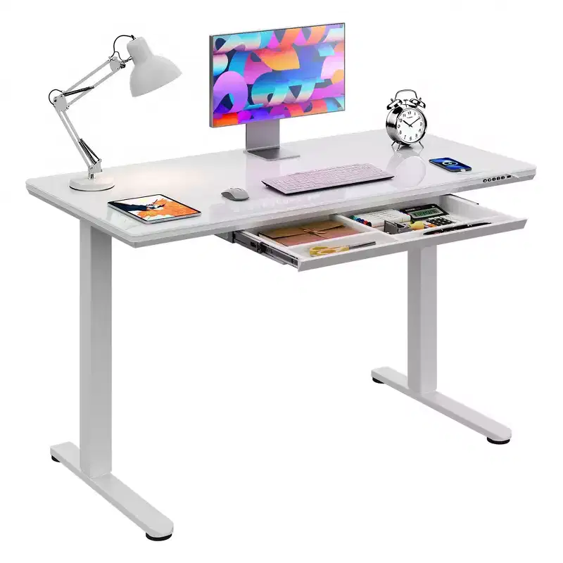 GALAXHERO 48 Standing Desk with Drawers, Whole-Piece Glass Adjustable Height Electric Desk, Stand Up Desk with Quick Installation, White