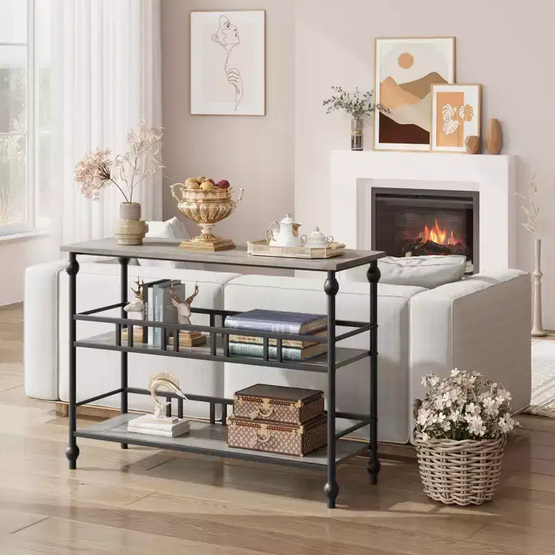Console Table 43, 3-Tier Industrial Entryway Table, Narrow Entrance Sofa Table with Shelves
