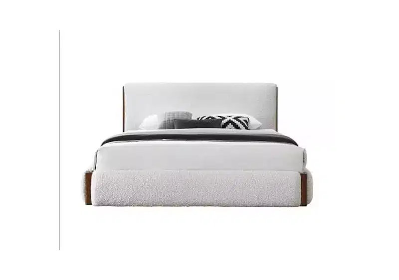 88.98 Eastern King Bed Sandro Bed White Boucle & Walnut Finish - Acme Furniture: Upholstered Wood Frame, Linen, Platform