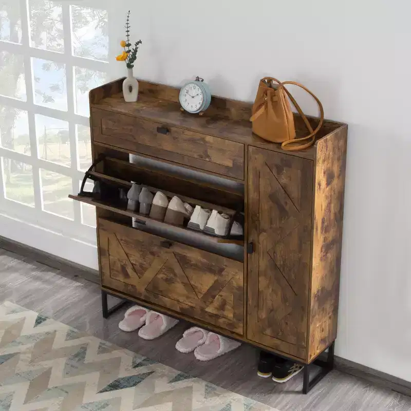 Slim Shoe Cabinet with 2 Flip Drawers & Side Cabinet, Space-Saving Entryway & Closet Organizer