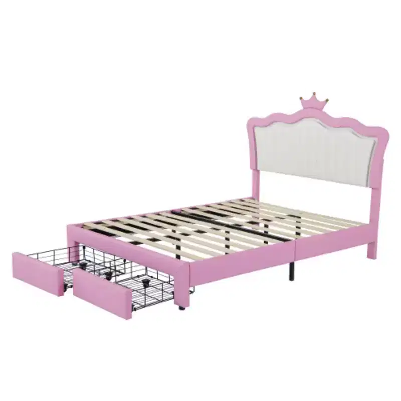 Single Dimension Upholstered Bed Frame with LED Lights, Modern Princess Bed with Crown Headboard and Drawer.