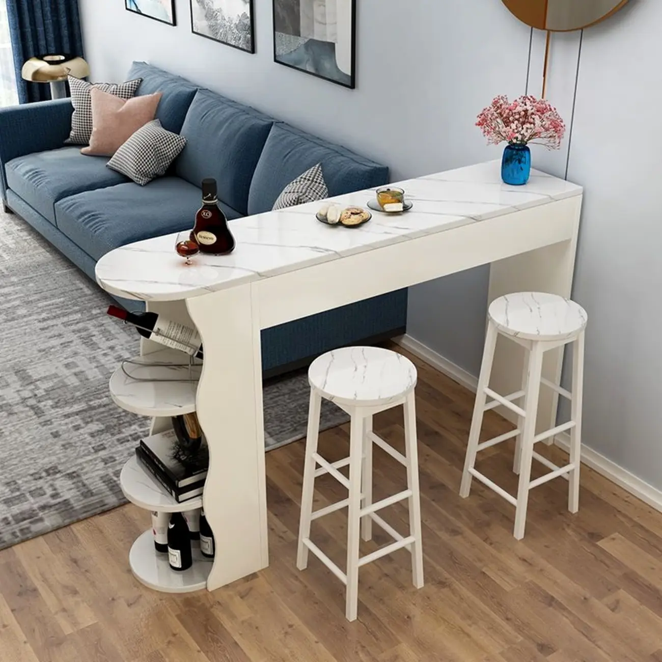 Modern Black-White Wooden Asymmetrical Shelves Bar Tables