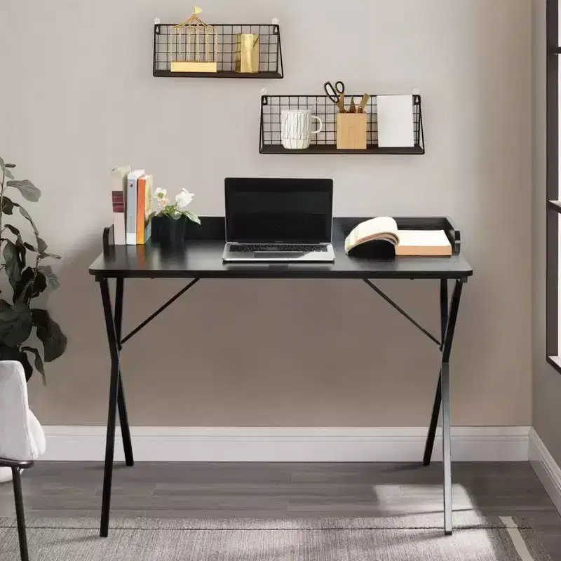 Computer Desk with Grid Storage Shelf, Gaming Desk with Sturdy X-Shaped Metal Frame, Home Office Writing Table for Gaming & Study,Black