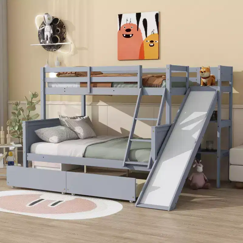 Twin over Full Rubber Wood Bunk Bed with 2 Drawers, Slide, Shelves & Ladder