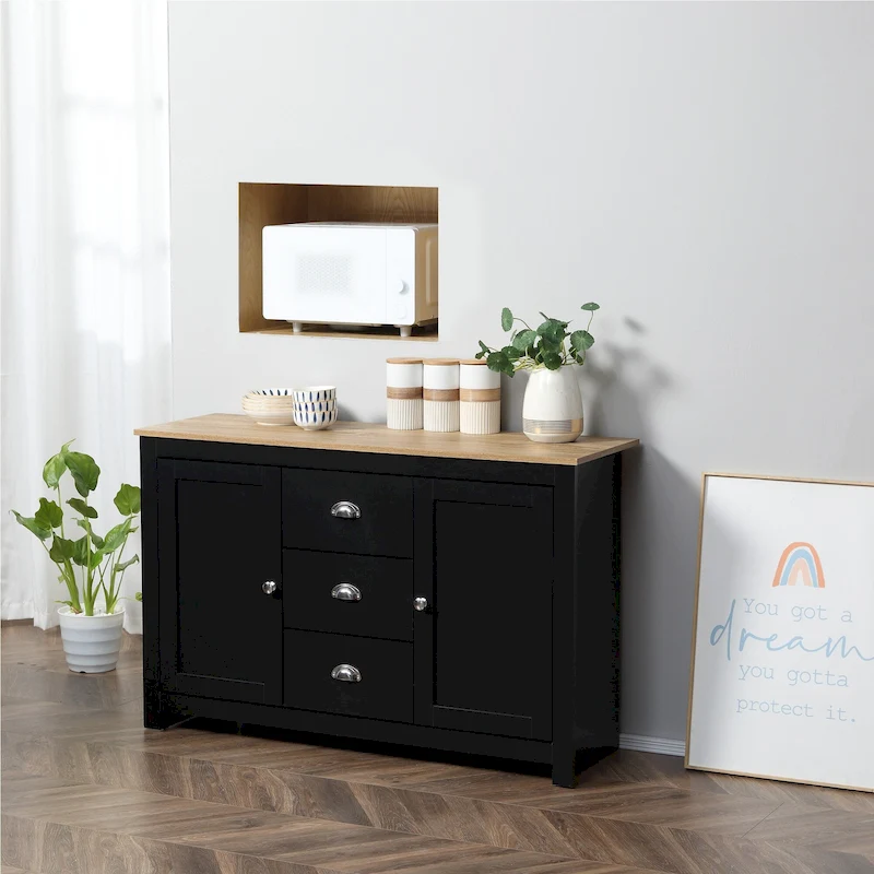 HOMCOM Kitchen Storage Sideboard with Adjustable Shelves, Dining Buffet Server Cabinet with 3 Drawers