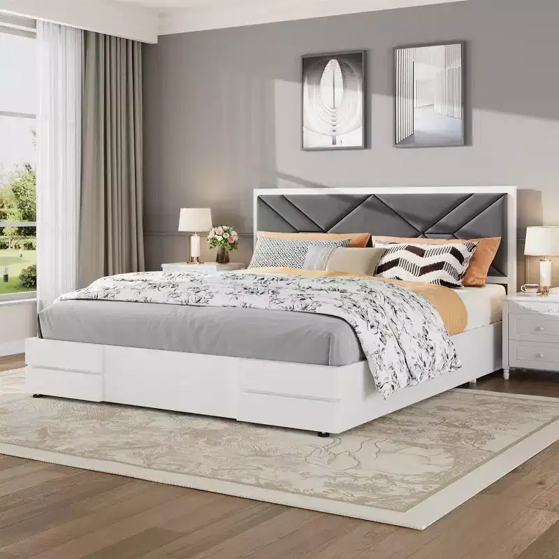 Upholstered Bed Frame,Wooden Bed Frame with Fabric Upholstered Headboard,No Box Spring Needed,Strong Wooden Slats,Easy Assembly,White