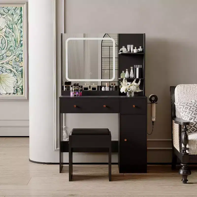 Modern Makeup Vanity Table with Mirror, Stool, Adjustable Brightness, 4 Drawers and Storage Shelves, Dressing Desk for Bedroom