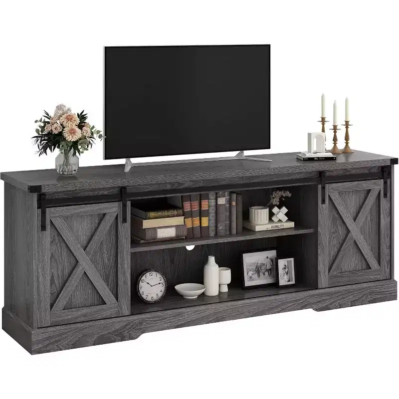 Acekool 70-Inch Farmhouse TV Stand with Cross Barn Doors, Entertainment Center for Living Room
