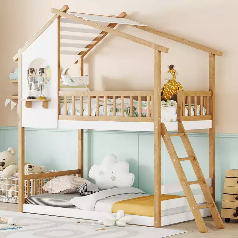 Twin Over Twin Bunk Bed with Roof, Playhouse Design, Safe Ladder & Railings - Natural