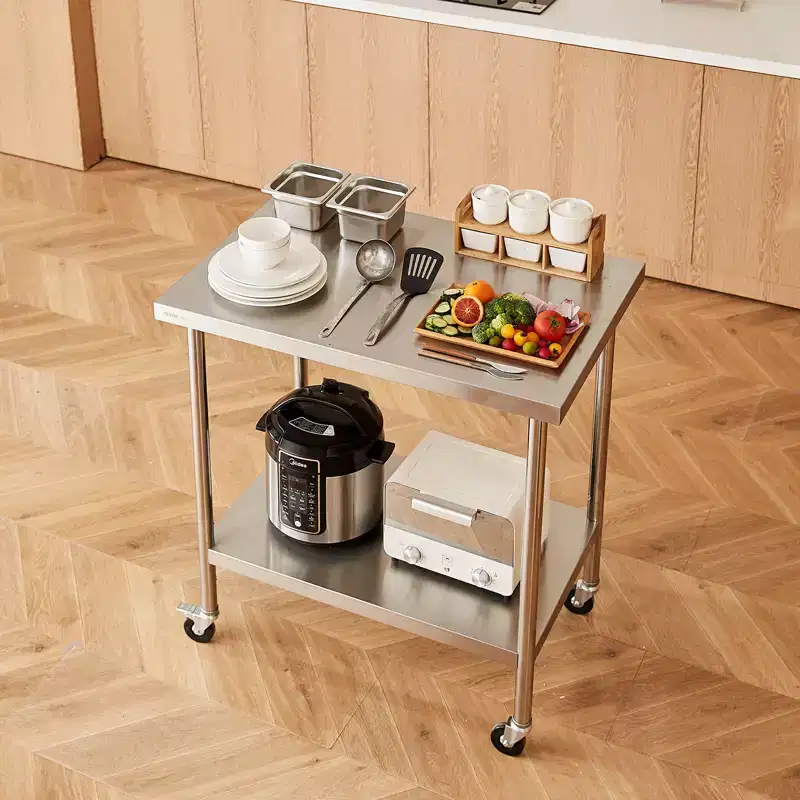 VEVOR Stainless Steel Work Table 30 x 18 x 38 Inch, with 4 Wheels, 3 Adjustable Height Levels, Heavy Duty Food Prep Worktable, Silver