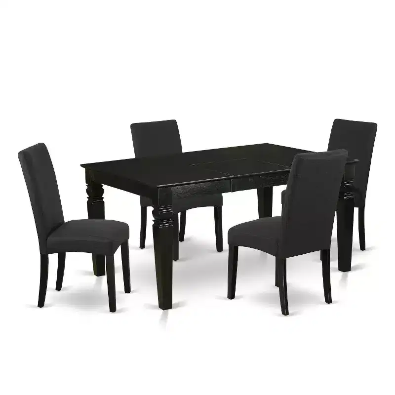 5-Piece Rectangle Black Finish Solid Wood Top Dining Table with 4 Parson Chair with Butterfly Leaf