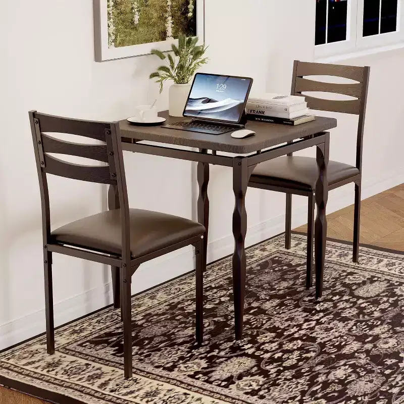 Industrial 3-Piece Dining Table Set for 2 with Cushioned Chairs  Kitchen Table Set with Spiral Leg Design Table (Black)