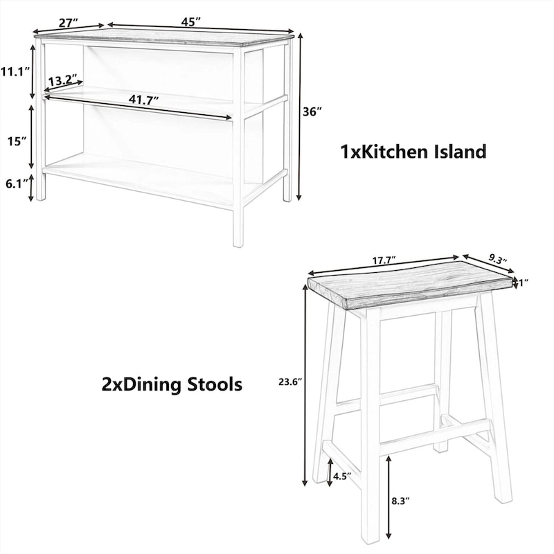 Wood Rustic 3-piece 45 Stationary Kitchen Island Set